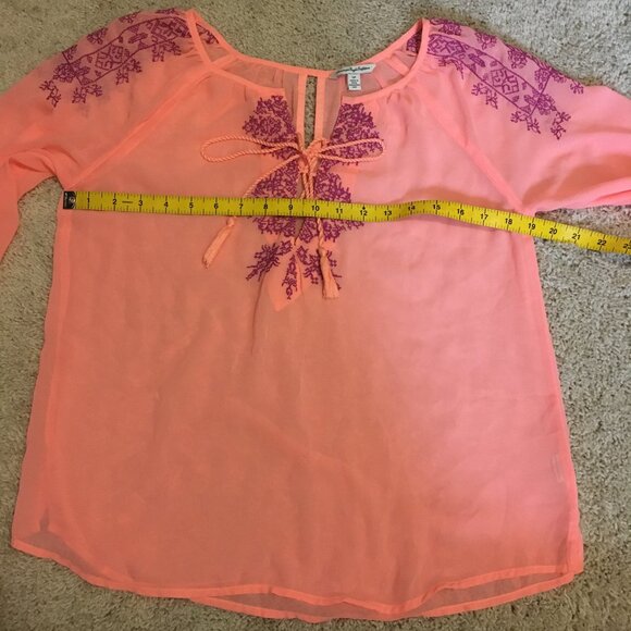 American Eagle Sheer Neon Orange Pink Bohemian Blouse - Picture 11 of 14